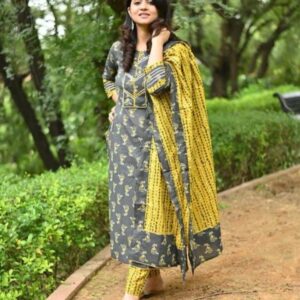 Grey Yellow Cotton printed kurti pant duppata  set