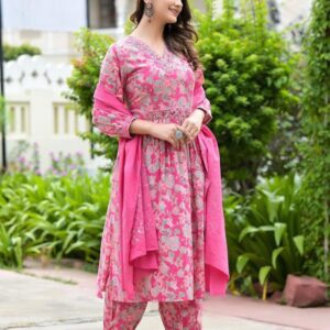 Nyra cut Cotton Printed Pink Salwar Dupatta set